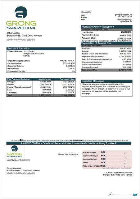 Download Norway Grong Sparebank mortgage statement Word and PDF template Photoshop template